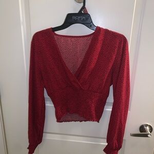 Women’s Red Long-Sleeve Wrap Crop Top